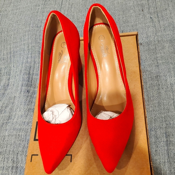 Red Faux Suede Block Heels - Picture 1 of 4